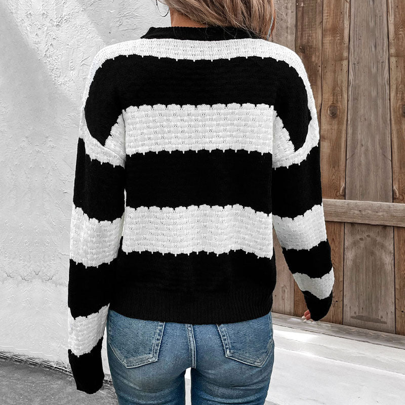 Herbst Modischer Strickpullover Rundhals Langarm Schwarz Weiß Farblich Passender Pullover