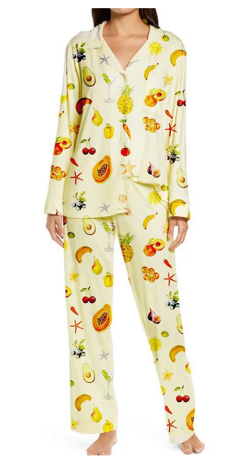 Ladies Two-piece Set Pajamas Long Sleeve Floral Fruit Printed