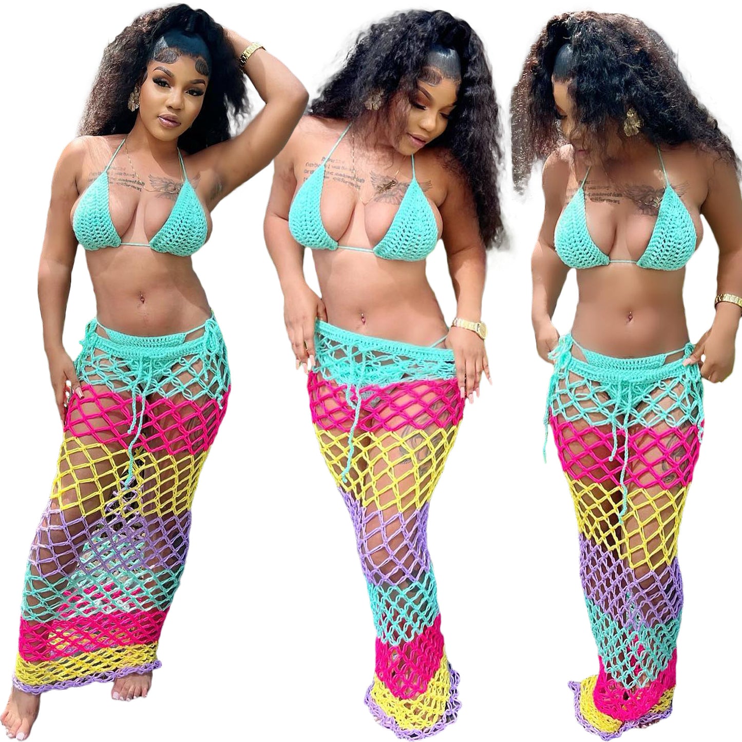 Summer Knitted Hand Hook Strap Beach Bikini Three Piece Set