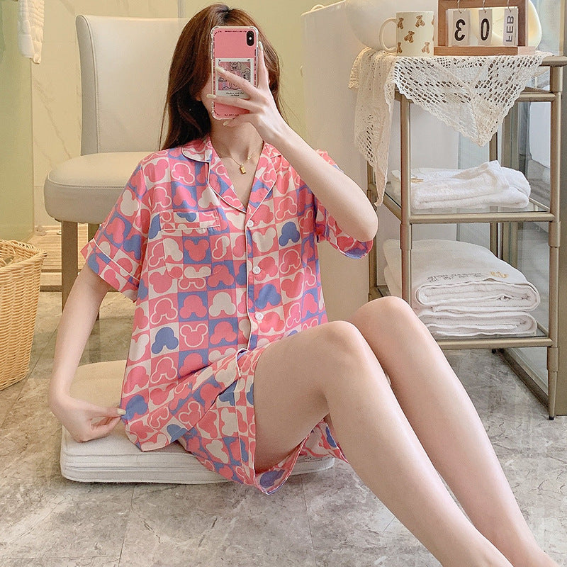 Poplin Pajamas Female Thin Short-sleeved Shorts Cartoon Printing Suit