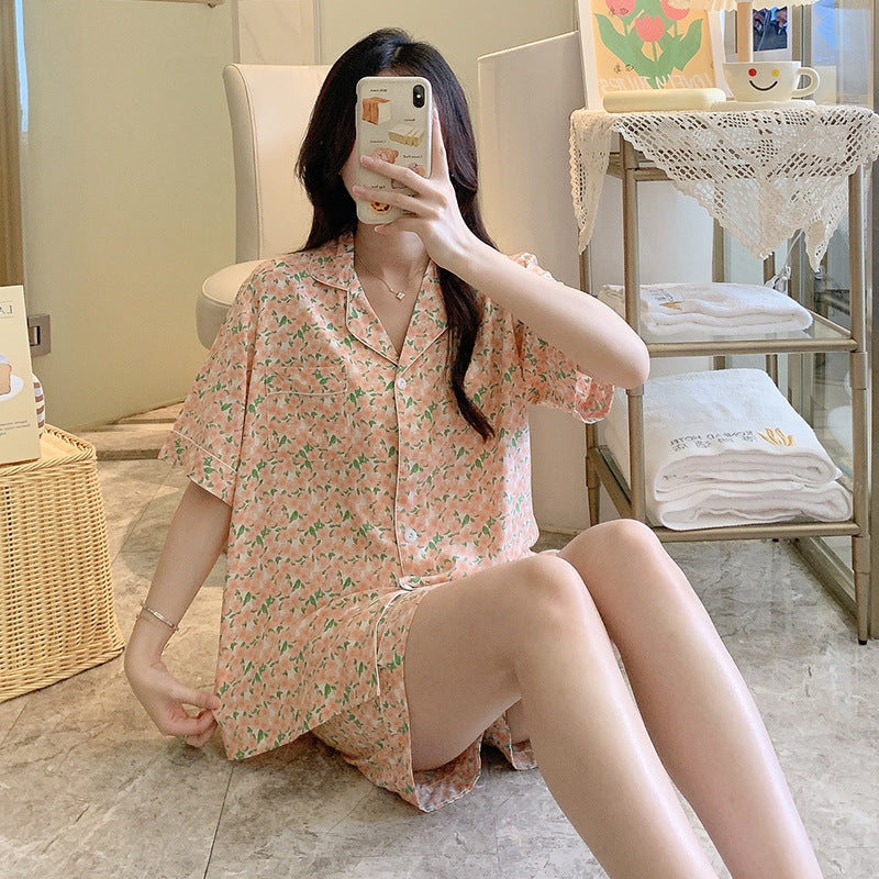 Poplin Pajamas Female Thin Short-sleeved Shorts Cartoon Printing Suit