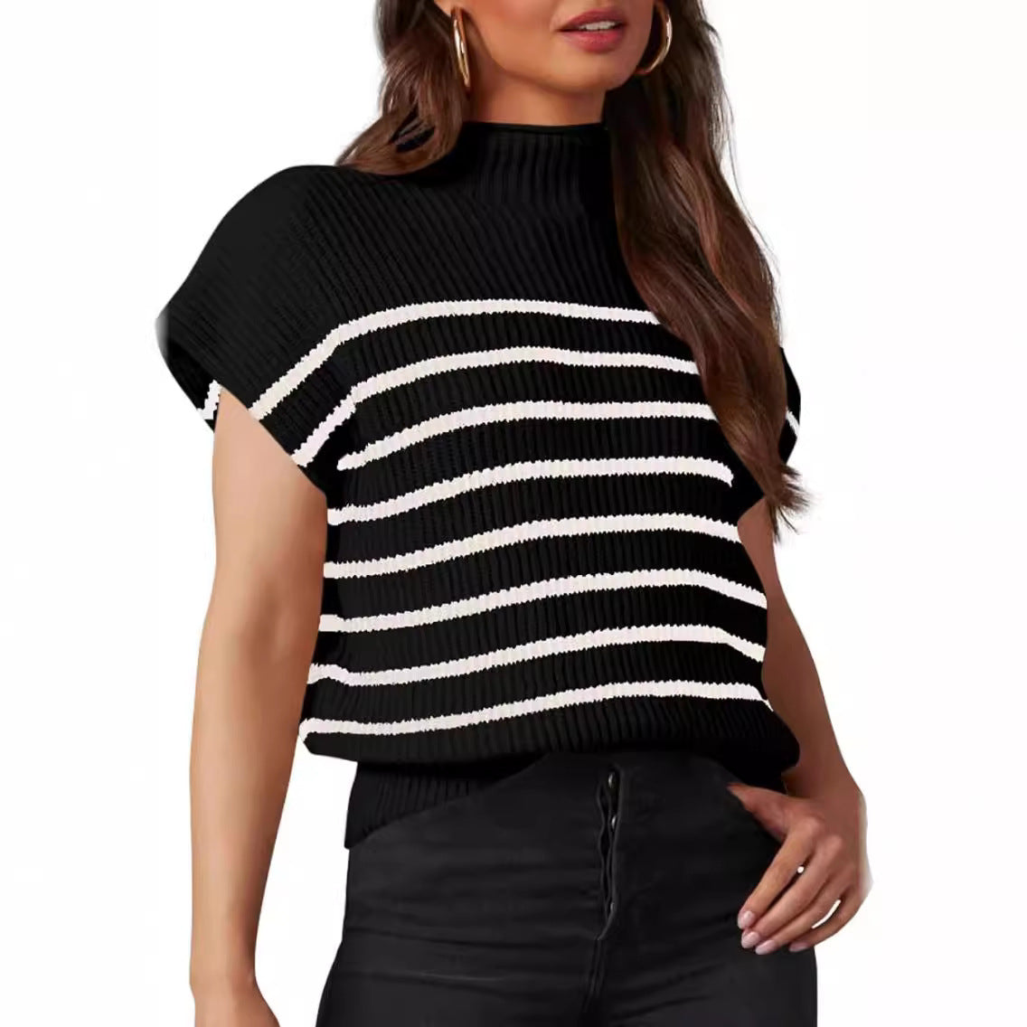 Women's Vest Sleeveless Turtleneck Slim Striped