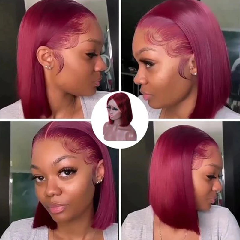 13x4 99J Short Bob Wig Human Hair Dark Red Burgundy Color Full Frontal Bob Wigs Blunt Cut Bone Straight Front For Black Woman