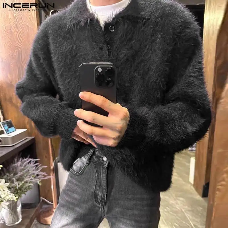 INCERUN Men's Sweaters Solid Color Knitted Plush Lapel Long Sleeve Casual Pullovers Streetwear 2023 Fashion Men Clothing S-5XL