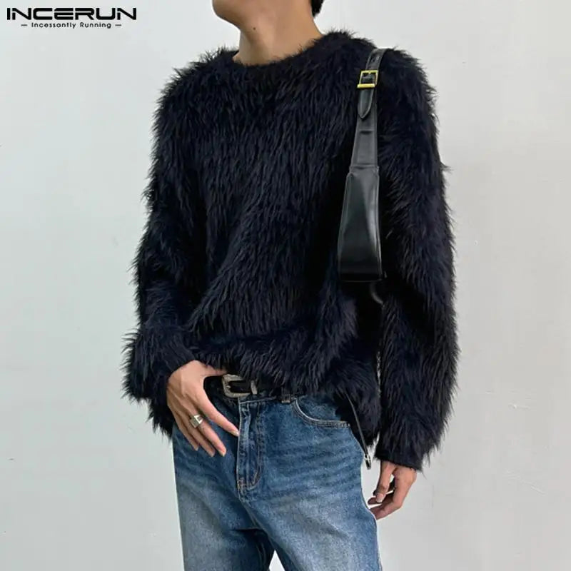 2023 Men Pullovers Solid Color Plush O-neck Long Sleeve Fashion Casual Men Clothing Streetwear Autumn Sweaters S-5XL INCERUN