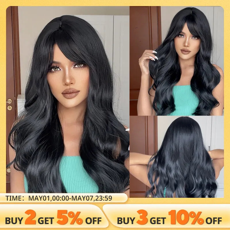 Long Black Wavy Synthetic Wigs with Bangs for Women Body Wave Wigs Cosplay Daily Natural Use Hair Heat Resistant