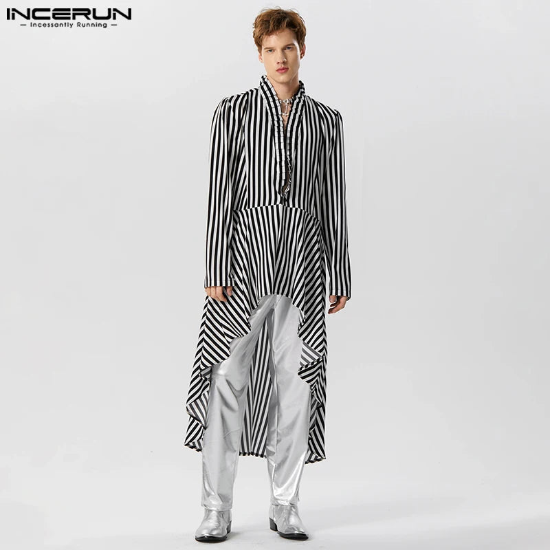 Fashion Men Irregular Shirt Striped V Neck Long Sleeve Loose Casual Long Style Shirts Men 2023 Streetwear Camisas S-5XL INCERUN