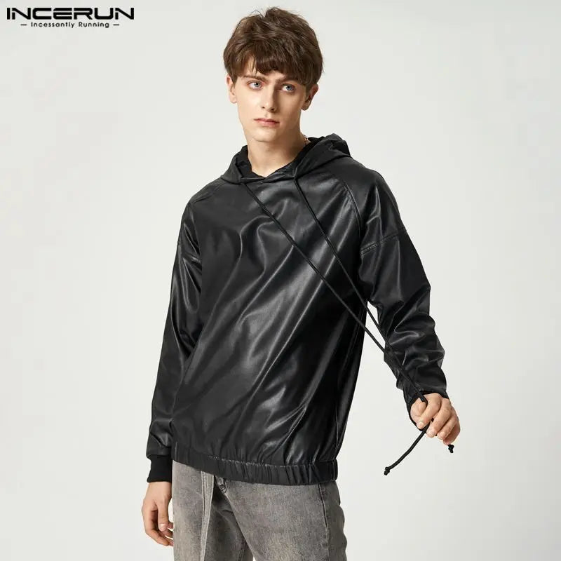 INCERUN 2023 Fashion Men Sweatshirts PU Leather Hooded Long Sleeve Hoodies Streetwear Solid Color Punk Casual Men Pullover 5XL 7