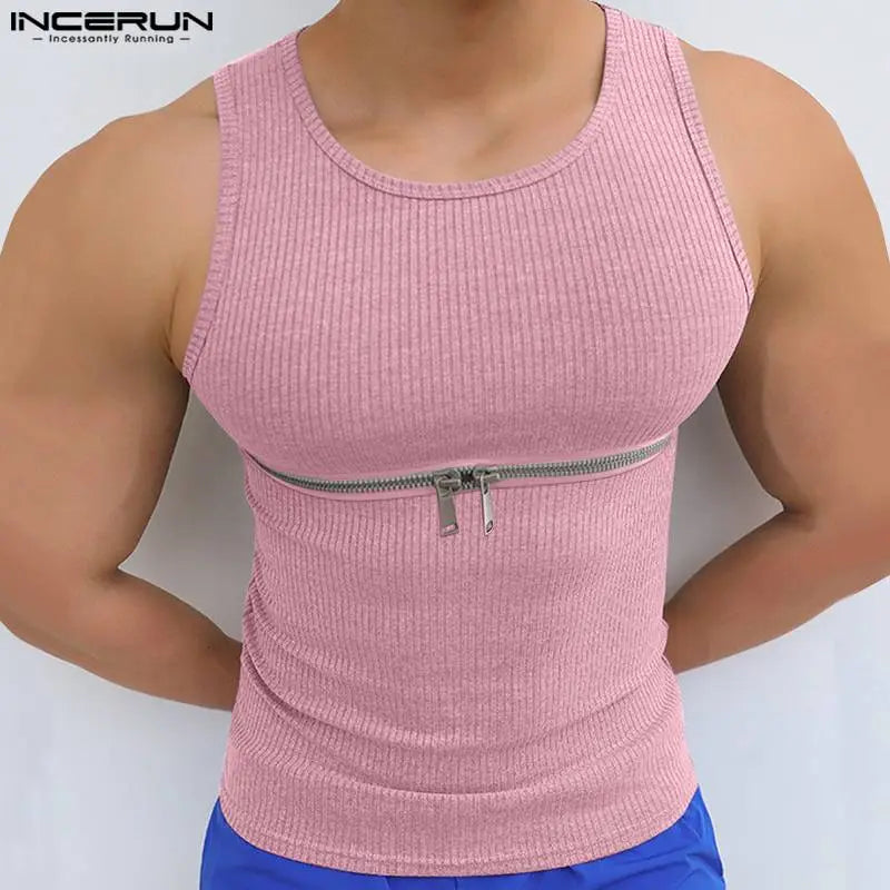 2023 Men Tank Tops Zipper Solid Color Streetwear O-neck Sleeveless Stylish Vests Skinny Summer Casual Men Clothing S-5XL INCERUN