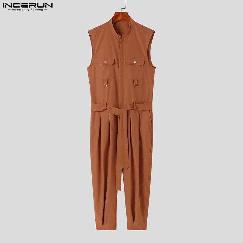 INCERUN Men Jumpsuits Solid Lapel Sleeveless Multi Pockets Fashion Rompers With Belt 2023 Streetwear Casual Cargo Overalls Men