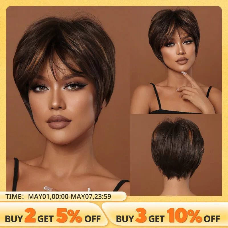 Brown Synthetic Hair Wigs for Black Women Short Pixie Cut Hair Wigs With Bangs Party Daily Use Wig Natural Hair Heat Resistant