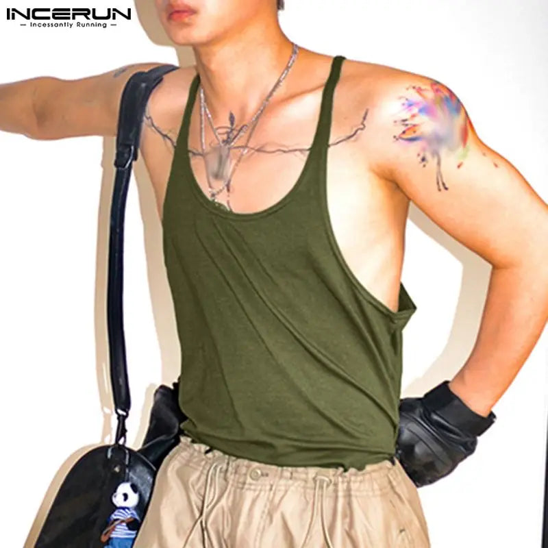 INCERUN-Tops de estilo coreano para hombre, chaleco deportivo informal liso con cinturón fino para correr, chalecos sin mangas con espalda cruzada, S-5XL, 2023