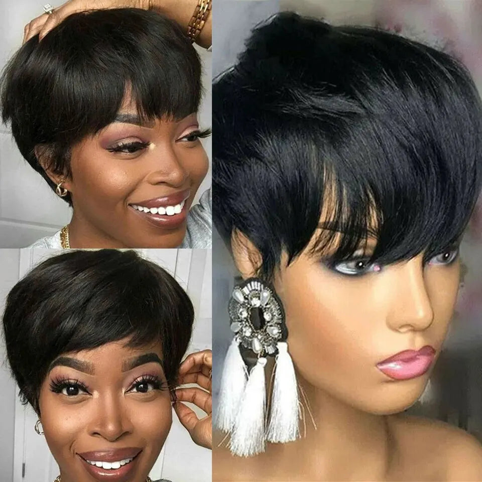 Cheap Short Straight Bob Wig Human Hair Wigs For Women With Bangs Natural Black Red Glueless Machine Pixie Cut Wigs Human Hair