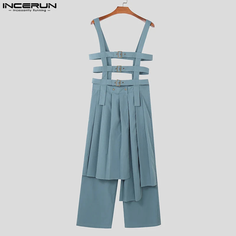 INCERUN Men Jumpsuits Solid Sleeveless Pleated Personality Skirts Trousers Overalls Streetwear 2023 Male Irregular Rompers S-5XL