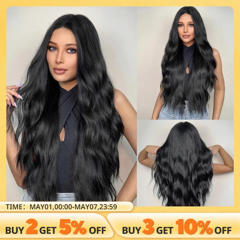 Black Wave Wigs for Women Long Natural Curly Wig Middle Part Synthetic Wig Heat Resistant Fake Hair Daily Party Use