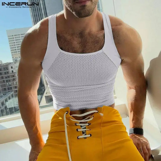 2024 Men Tank Tops Patchwork O-neck Sleeveless Skinny Male Vests Streetwear Hollow Out Summer Fashion Men Clothing S-5XL INCERUN