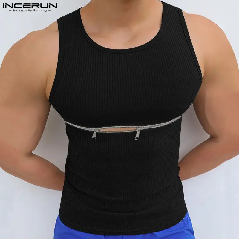 2023 Men Tank Tops Zipper Solid Color Streetwear O-neck Sleeveless Stylish Vests Skinny Summer Casual Men Clothing S-5XL INCERUN