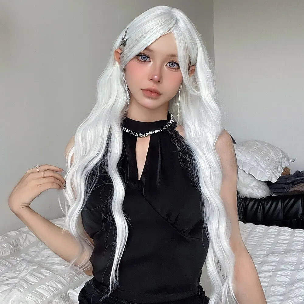 Long Water Wave Wig with Bangs White Colorful Cosplay Silky Wig for Women Daily Party Natural Soft Synthetic Hair Heat Resistant