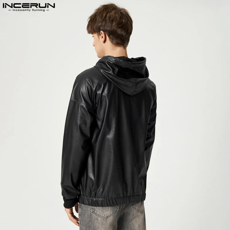 INCERUN 2023 Fashion Men Sweatshirts PU Leather Hooded Long Sleeve Hoodies Streetwear Solid Color Punk Casual Men Pullover 5XL 7