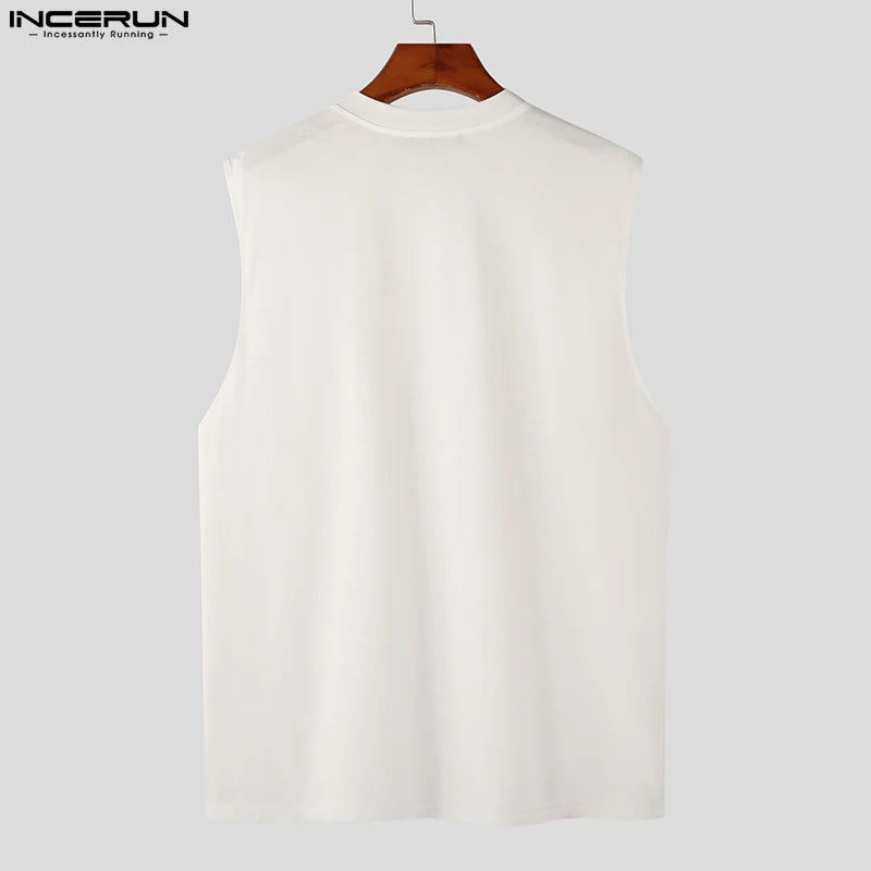 INCERUN Fashion Men Tank Tops Streetwear 2023 Solid O-neck Sleeveless Zipper Vests Summer Korean Style Casual Men Clothing S-5XL