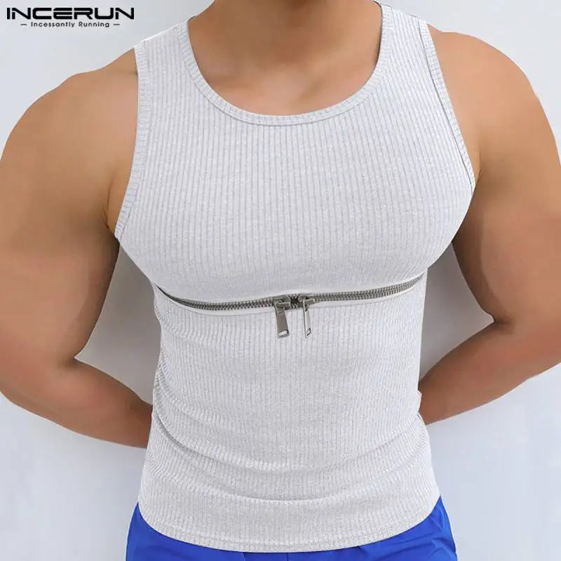 2023 Men Tank Tops Zipper Solid Color Streetwear O-neck Sleeveless Stylish Vests Skinny Summer Casual Men Clothing S-5XL INCERUN