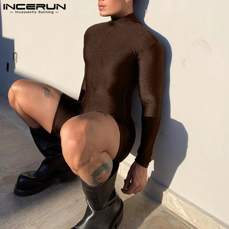 INCERUN 2023 Men Rompers Solid Turtleneck Long Sleeve Streetwear Skinny Shorts Casual Men Jumpsuits Zipper Sexy Overalls S-5XL
