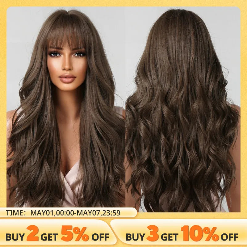 Brown Wavy Wigs for Women with Bangs Long Natural Synthetic Hair Wig Daily Cosplay Heat Resistant