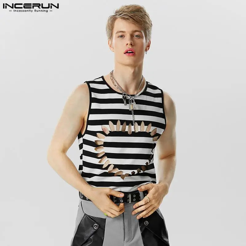 INCERUN Männer Gestreiften Tank Tops Aushöhlen Oansatz Ärmelloses Mode Männlichen Westen Streetwear Sommer 2024 Sexy Männer Kleidung S-5XL