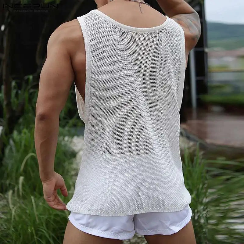 Men Tank Tops Mesh Transparent O-neck Sleeveless Breathable Sexy Male Vests Solid Fashion Streetwear 2023 Men Clothing INCERUN
