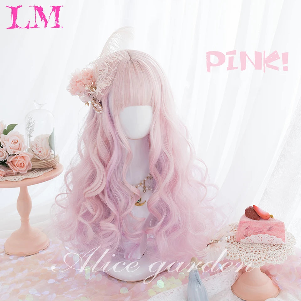 LM Synthetic Wig Long Ombre Pink Wigs Natural Wavy Heat Resistant Fiber for Women Halloween Cosplay Lolita Harajuku Daily Wig