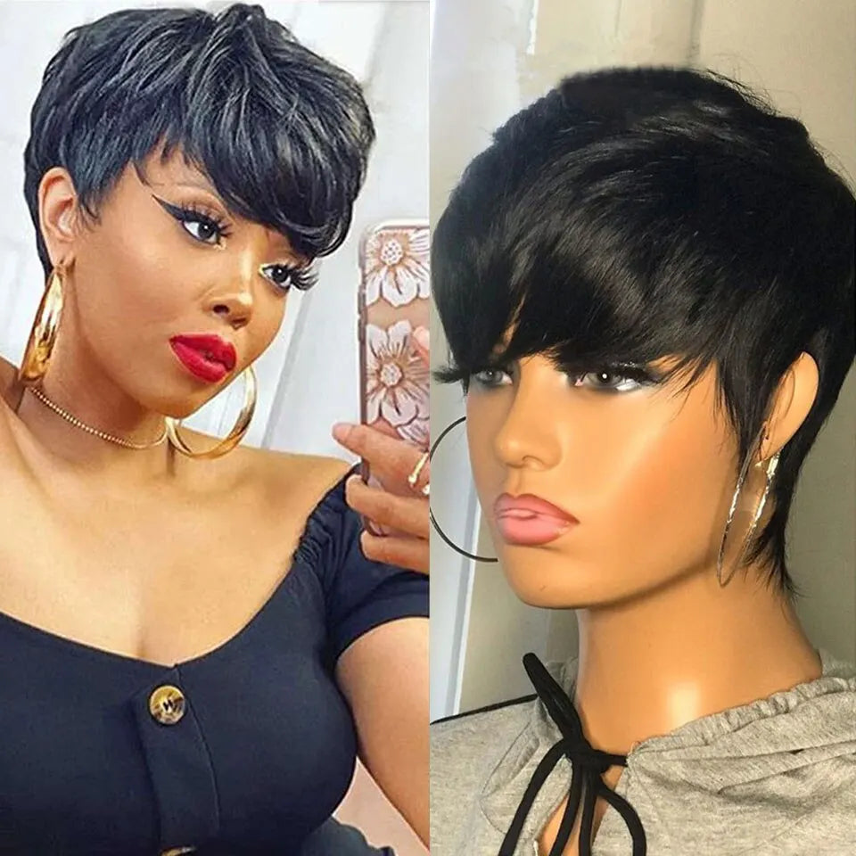 Cheap Short Straight Bob Wig Human Hair Wigs For Women With Bangs Natural Black Red Glueless Machine Pixie Cut Wigs Human Hair