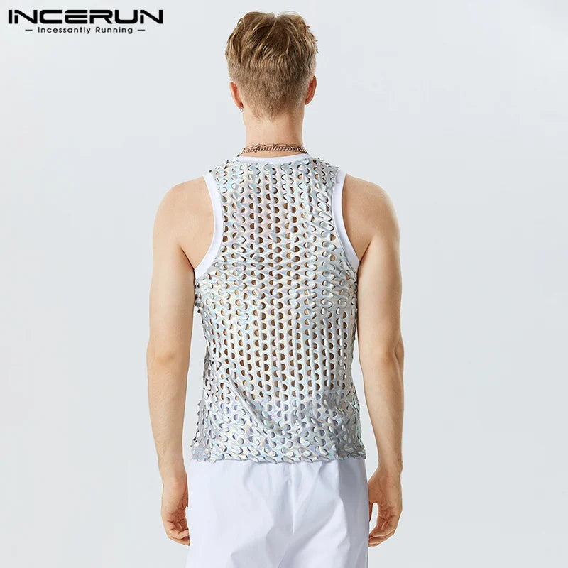 2023 Men Tank Tops Sparkling O-neck Sleeveless Streetwear Hollow Out Vests Summer Sexy Fashion Party Men Clothing S-5XL INCERUN