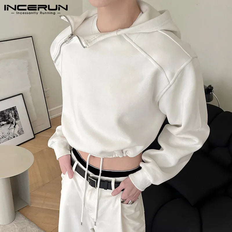 INCERUN Men Hoodies Solid Color Zipper Hooded Long Sleeve Streetwear 2023 Fashion Casual Sweatshirts Personality Crop Tops S-5XL