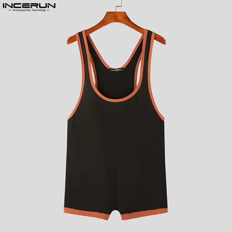 2023 Men Rompers Pajamas Patchwork O-neck Sleeveless Sexy Summer Fitness Bodysuits Men Homewear Stylish Playsuits S-5XL INCERUN