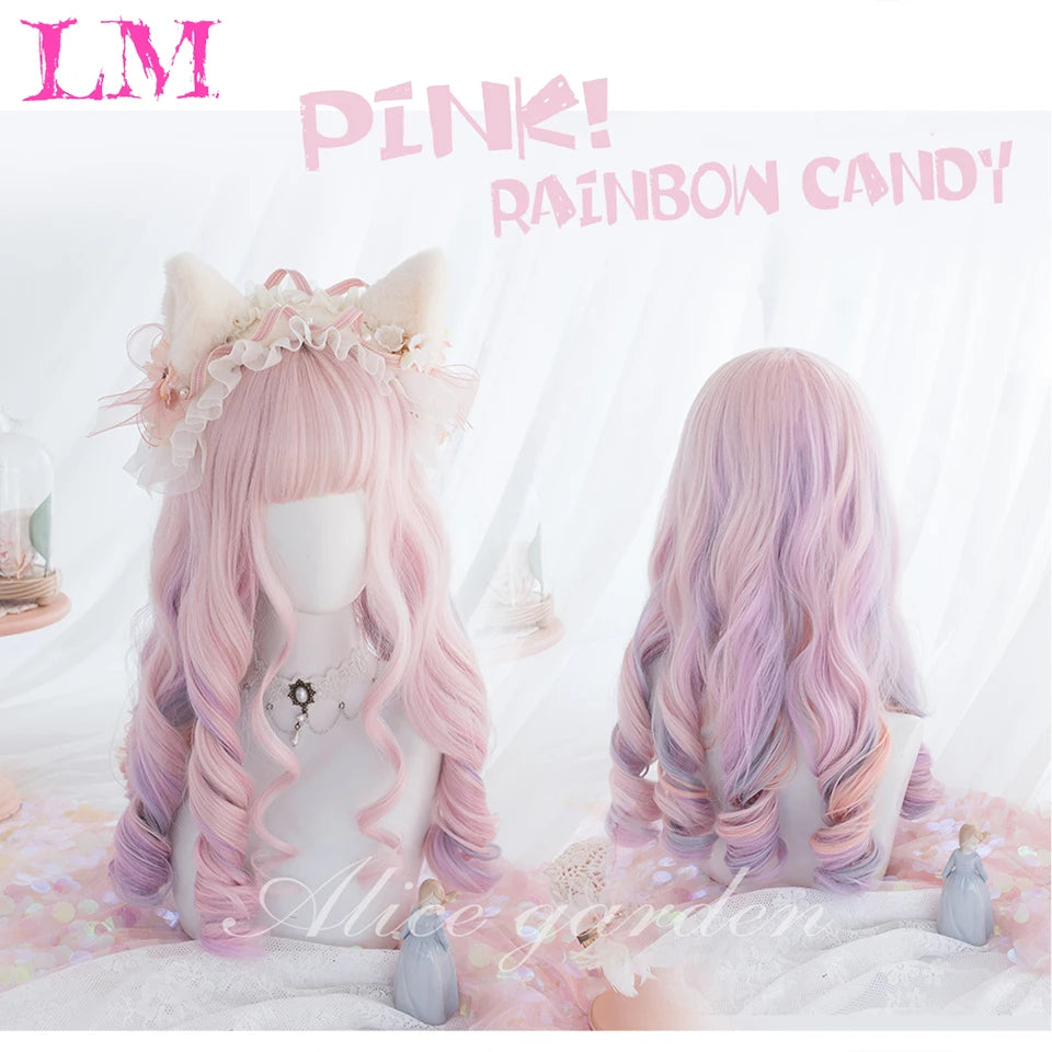 LM Synthetic Wig Long Ombre Pink Wigs Natural Wavy Heat Resistant Fiber for Women Halloween Cosplay Lolita Harajuku Daily Wig