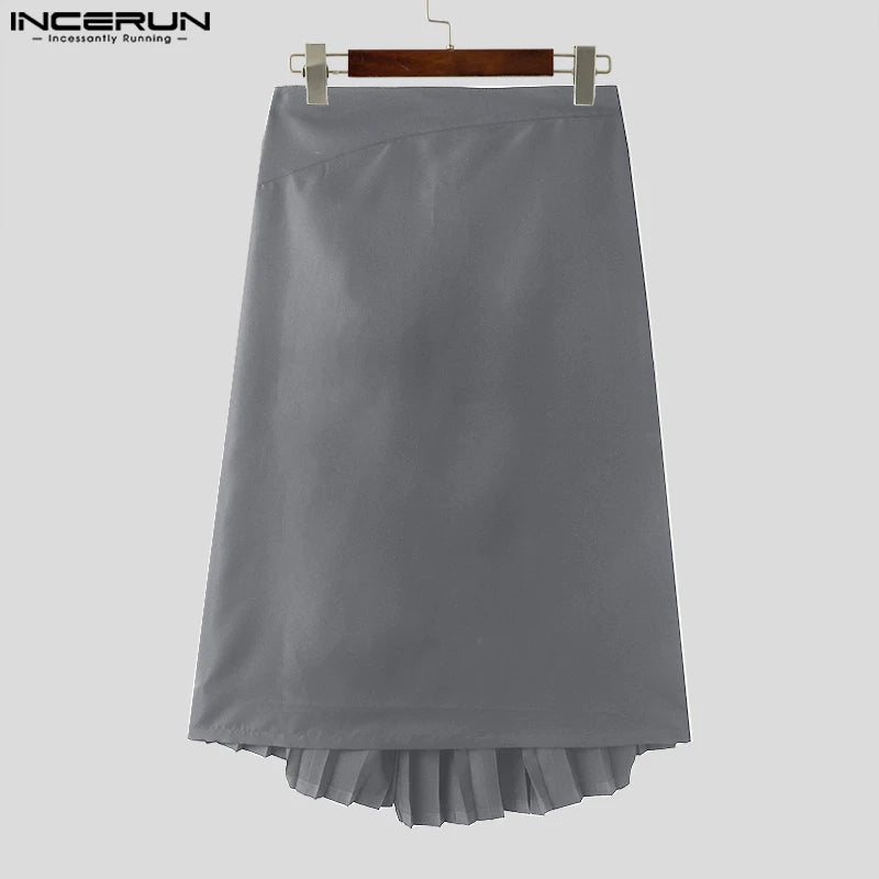 2023 Men Skirts Pleated Zipper Solid Loose Fashion Casual Unisex Irregular Skirts Pants Streetwear Split Men's Bottoms INCERUN