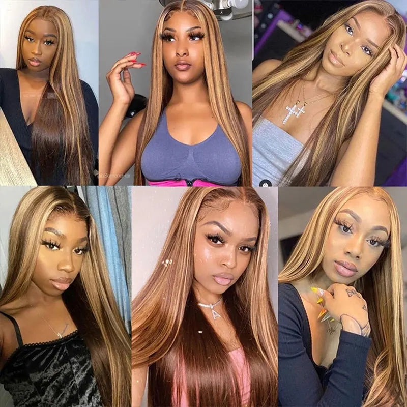 Highlight Brown Straight Lace Front Wig Human Hair Wigs For Women Lace Closure Wig Pre Plucked Honey Blonde Colored Cheap Wigs