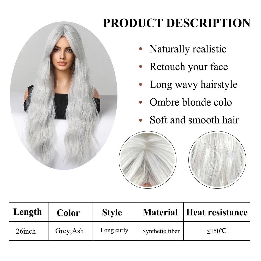 Ash Gray Platinum Long Curly Synthetic Wigs with Bangs for Women Afro Deep Wave Cosplay Lolita Wig Natural Hair Heat Reisitant