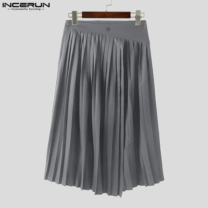 2023 Men Skirts Pleated Zipper Solid Loose Fashion Casual Unisex Irregular Skirts Pants Streetwear Split Men's Bottoms INCERUN