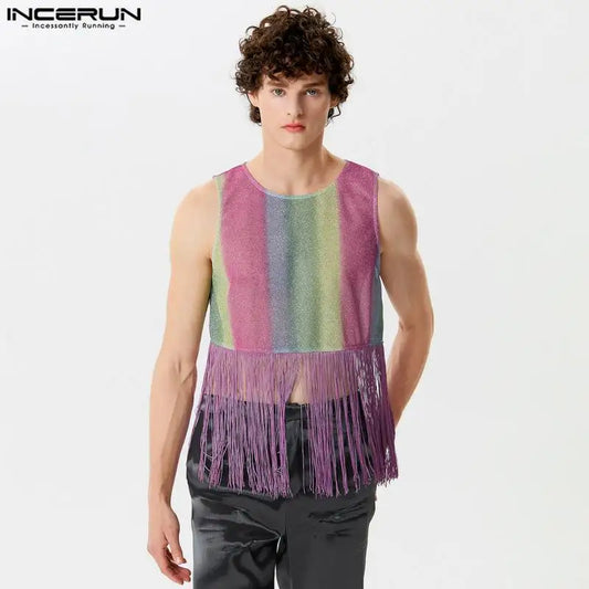 2024 Men Tank Tops Tassel Patchwork Gradient O-neck Sleeveless Casual Vests Summer Streetwear Fashion Men Clothing INCERUN S-5XL