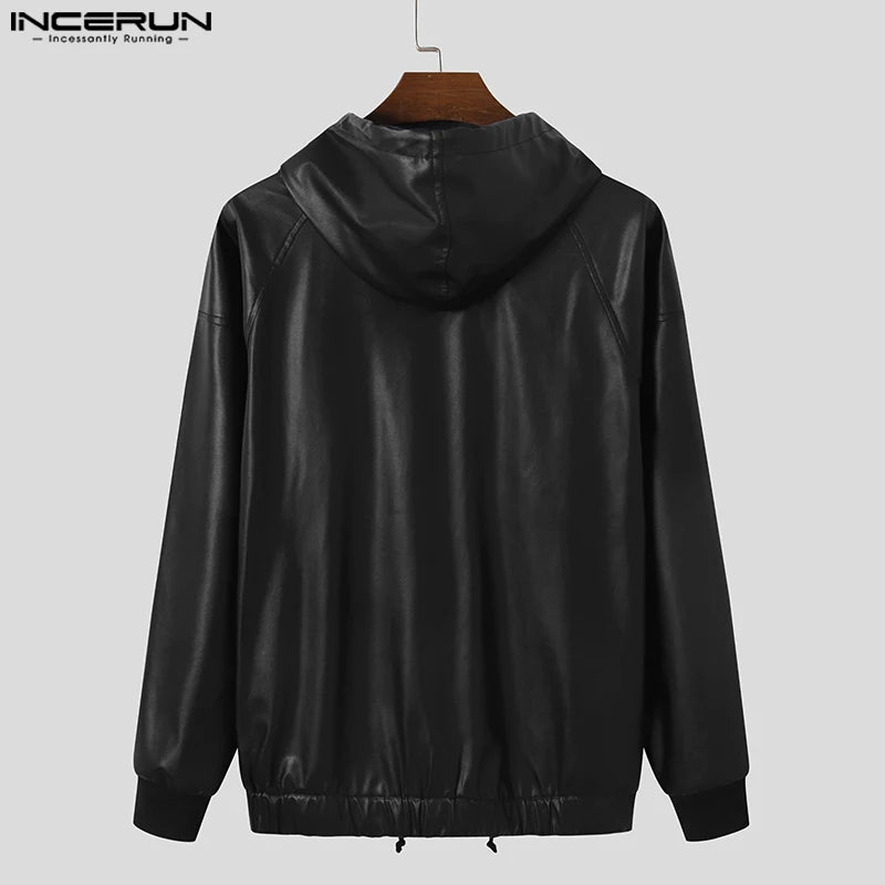 INCERUN 2023 Fashion Men Sweatshirts PU Leather Hooded Long Sleeve Hoodies Streetwear Solid Color Punk Casual Men Pullover 5XL 7