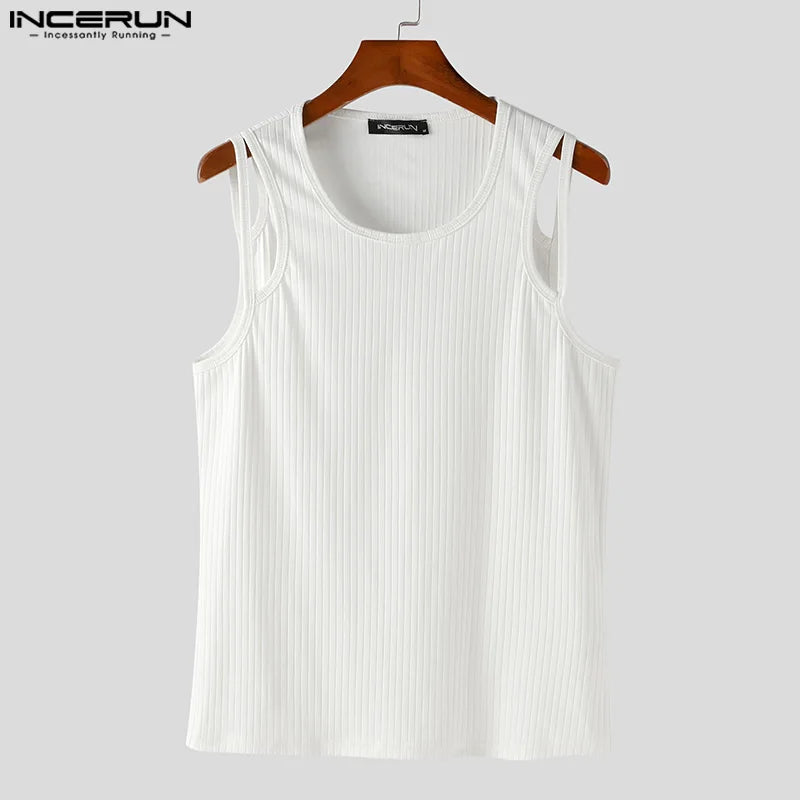 2023 Men Tank Tops Solid Color O-neck Sleeveless Fitness Hollow Out Vests Streetwear Fashion Casual Men Clothing S-5XL INCERUN