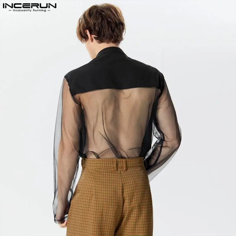 INCERUN-camisa Irregular de malla con cuello levantado para hombre, ropa de calle de manga larga, transparente, a la moda, 2024