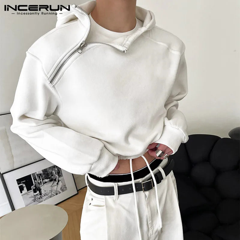 INCERUN Men Hoodies Solid Color Zipper Hooded Long Sleeve Streetwear 2023 Fashion Casual Sweatshirts Personality Crop Tops S-5XL