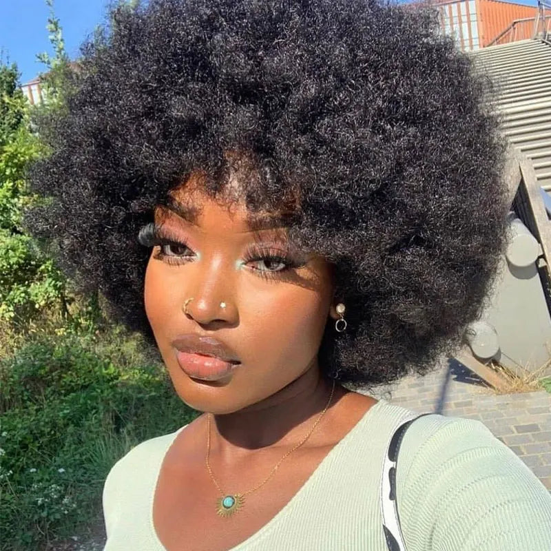 European Flag Fluffy Afro Kinky Curly Human Hair Wig With Thick Bang Natural Wigs For Black Women 180% Density Full Machine Hair