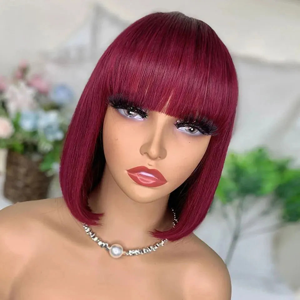 99J Colored Short 180D Straight Brazilian Human Hair Bob Wigs with Bangs Remy Full Machine Made for Women Hightlight Burgundy