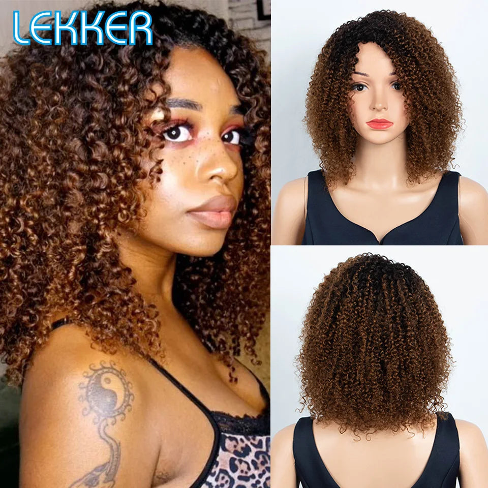 Lekker Highlight Brown Kinky Curly Bob Human Hair Wig For Women Natural Glueless Brazilian Remy Hair Ombre Blonde Non Lace Wigs