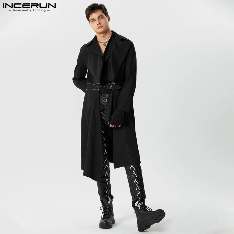 Men Trench Solid Color Lapel Long Sleeve Zipper Loose Long Style Coats Streetwear 2023 Fashion Casual Male Windbreaker INCERUN