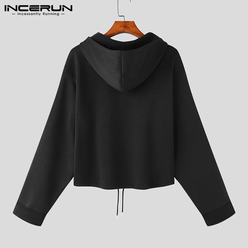 INCERUN Tops 2023 Korean Style New Men High-waisted Drawcord Hooded Casual Streetwear Solid All-match Zippered Sweatshirts S-5XL