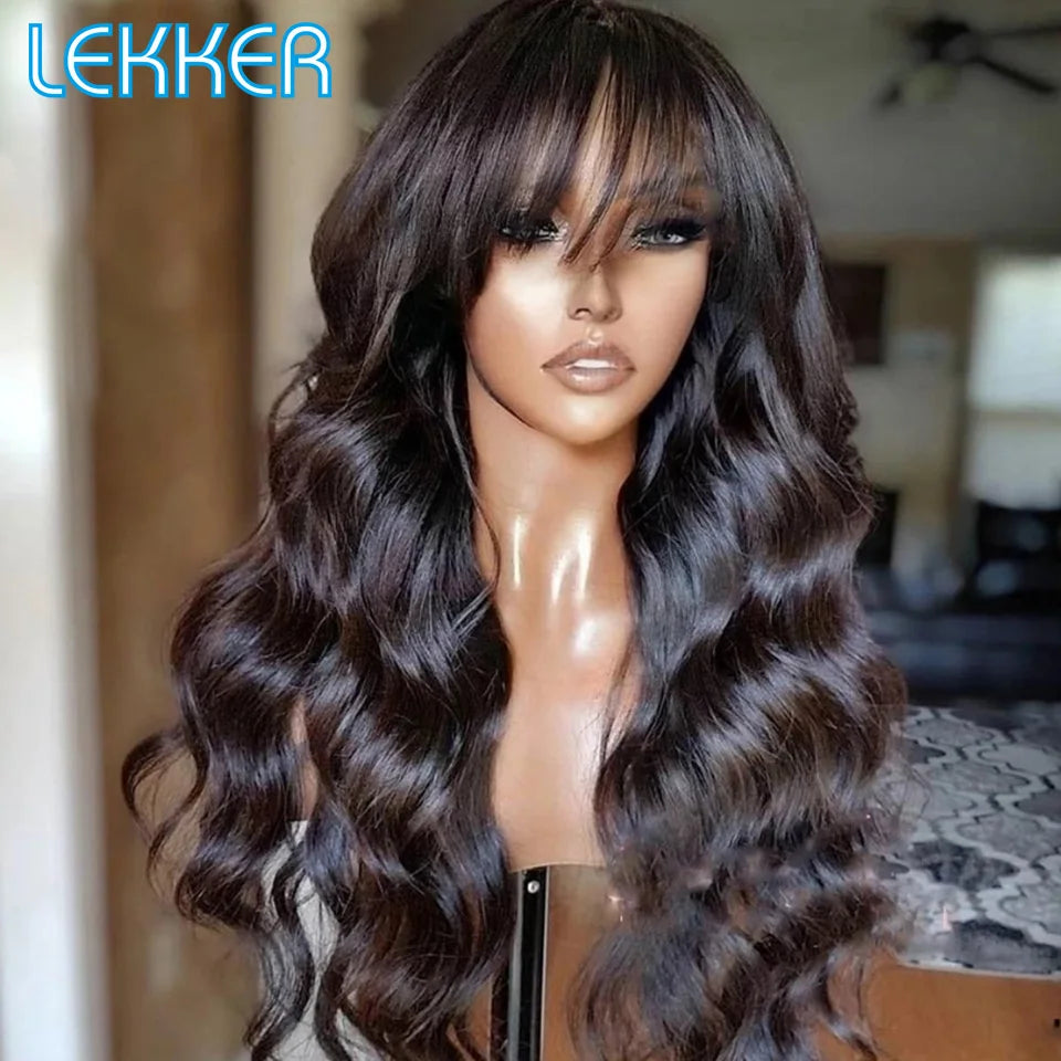 Lekker Wear to go Natural Body Wave Human Hair Wig With Bangs For Women Brazilian Remy Hair Glueless Long Wavy Fringe Bob Wigs